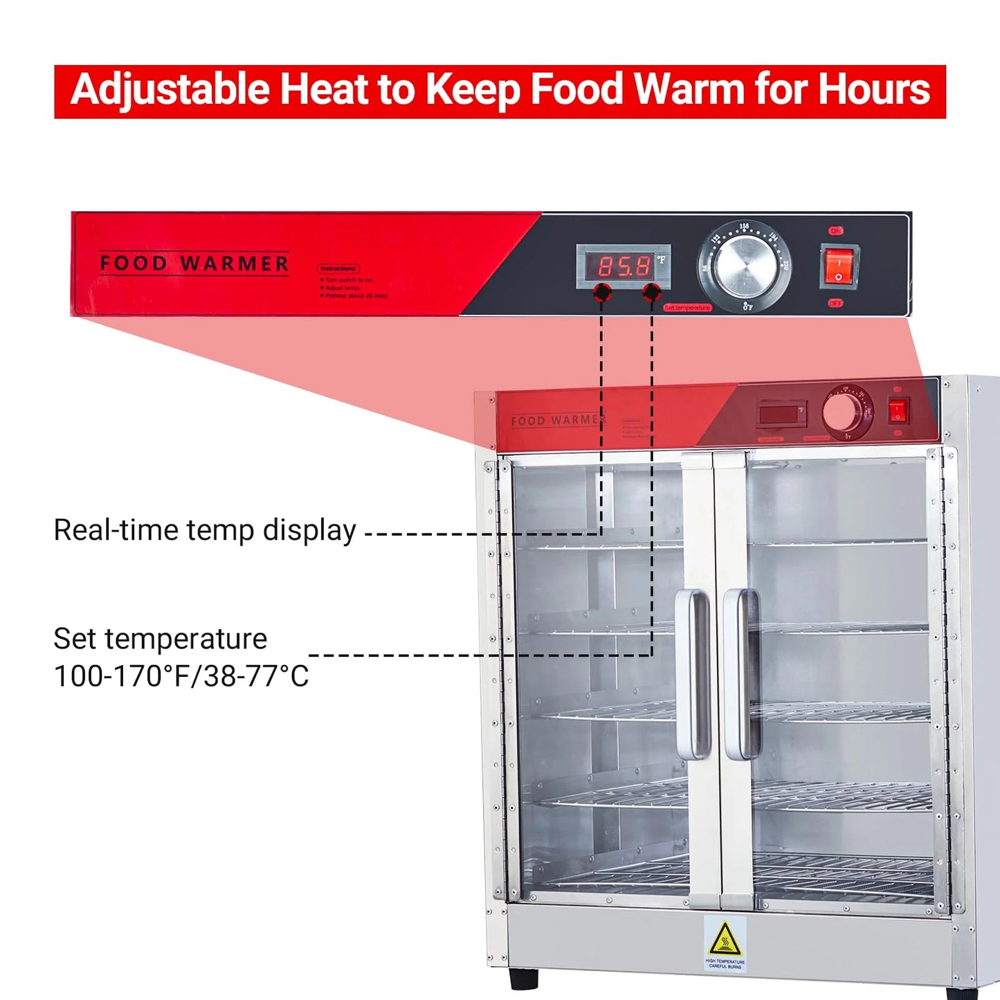 2026 Nuevo gabinete calentador de alimentos tipo hot box multifuncional de acero inoxidable con aislamiento térmico potencia 850W bandeja de agua puertas dobles transparentes diseño de 5 niveles