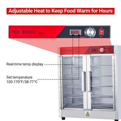 2026 Nuevo gabinete calentador de alimentos tipo hot box multifuncional de acero inoxidable con aislamiento térmico potencia 850W bandeja de agua puertas dobles transparentes diseño de 5 niveles