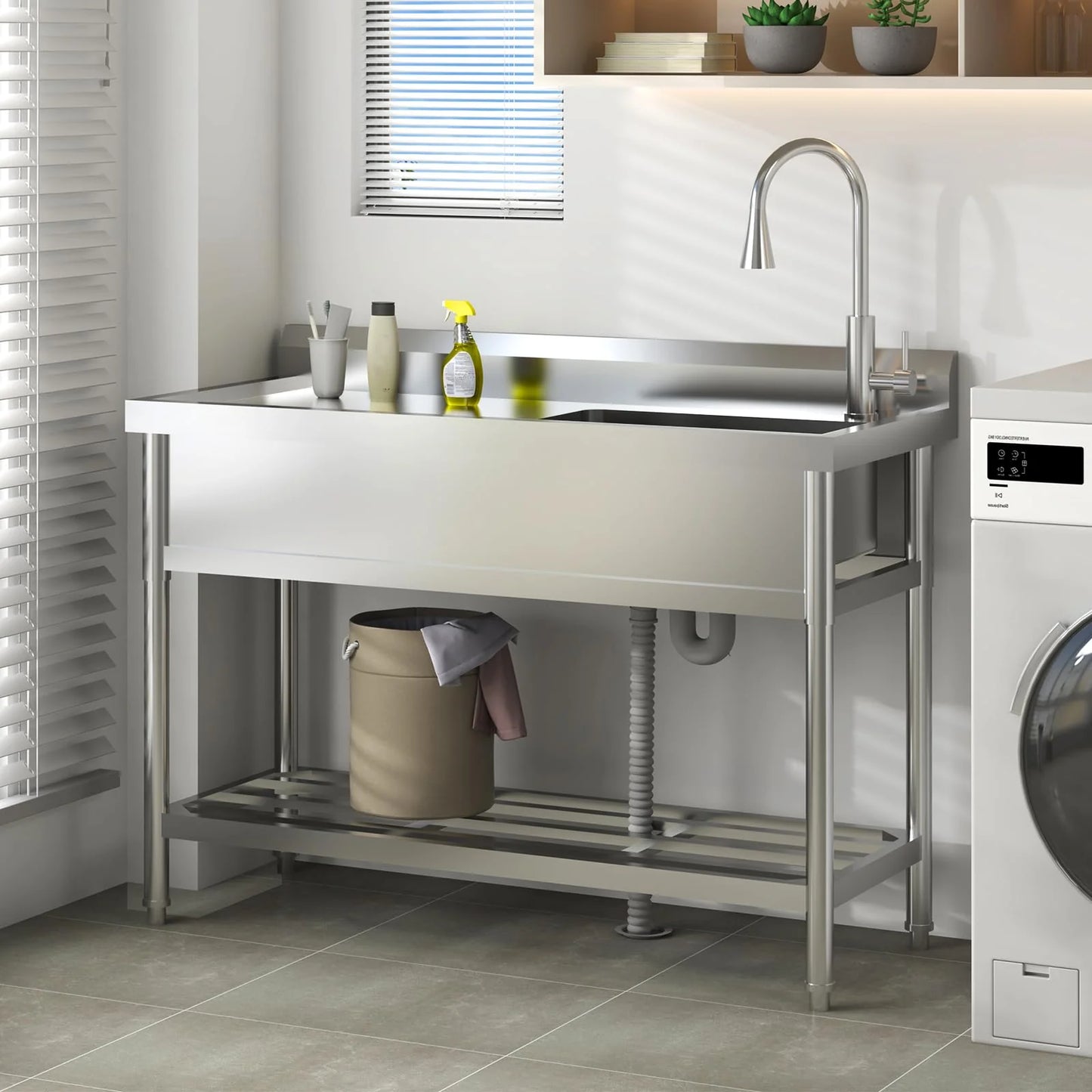 2026 Nuevo fregadero utilitario de acero inoxidable 47”ancho x 20”fondo x 37”alto independiente de un seno con grifo de agua fría y caliente para cocina lavandería restaurante garaje o jardín