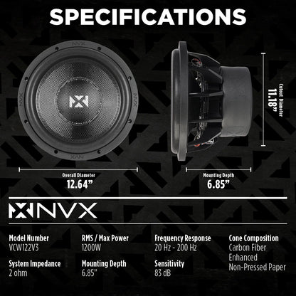 2026 Nuevo VCW122 Version 3 VCW122v3 Subwoofer de 12 pulgadas serie VC dual 2 ohmios 2400W pico 1200W RMS
