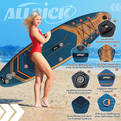2026 Tabla de Paddle Surf Inflable ALLPICK Premium, Azul Marino – Tabla SUP con Soporte Universal para Cámara, Accesorios Completos, Remo Ajustable, para Principiantes y Avanzados, Capacidad 180 kg