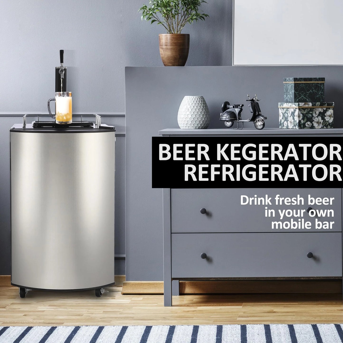 2026 Nuevo dispensador de cerveza de barril con un solo grifo refrigerador para barriles tamaño completo con estantes acero inoxidable bandeja de goteo y barandilla color plateado