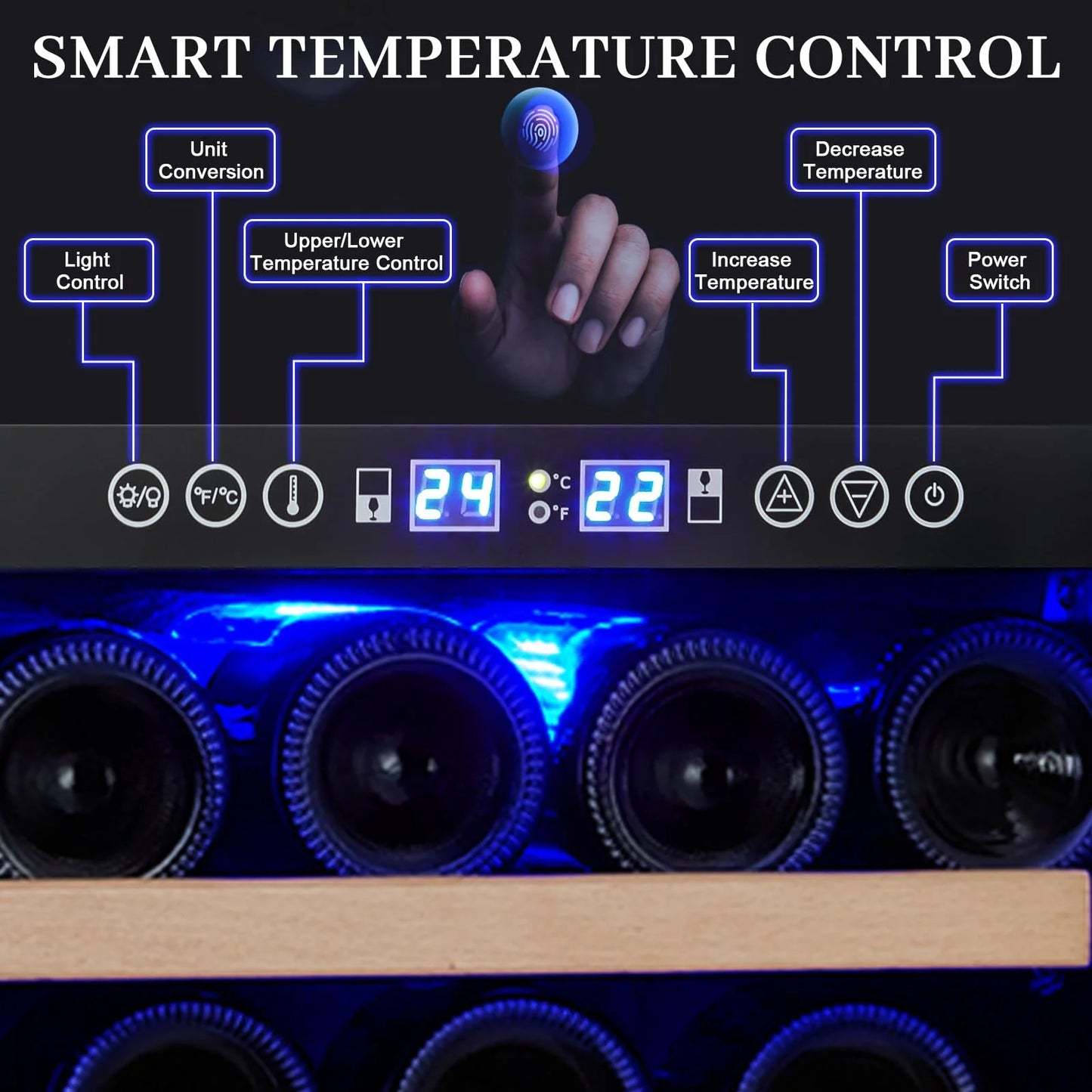 2026 Nuevo refrigerador enfriador de vino capacidad 28 botellas sistema de doble zona con puerta de vidrio control digital de temperatura para vino tinto blanco y espumoso instalación independiente o empotrada