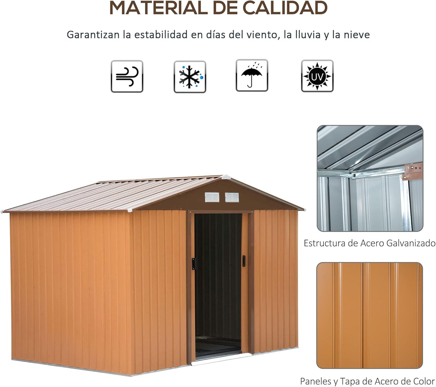 2026 Outsunny Caseta de Jardín Exterior 4,9 m² 277x195x192 cm Cobertizo de Jardín Exterior con Puerta Corredera Techo Inclinado Base Refuerzo (Suelo NO Incluido) y 4 Ventanas Amarillo