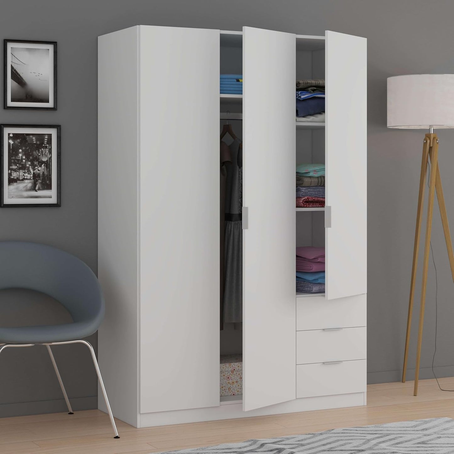 2026 Habitdesign Three Door and Three Drawer Wardrobe Closet, Artic White Finish, Measurements: 121 cm (W) x 180 cm (H) x 52 cm (D)