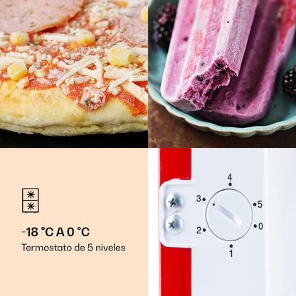 2026 Klarstein Laika - Congelador, Termostato con 5 niveles, Temperaturas de 0 a -18 °C, 3 cajones extraíbles, CEE E, Capacidad de 60 L, Rojo