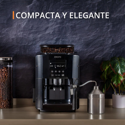2026 Krups Essential - Cafetera súper automática, 15 Bares de presión, Molinillo cónico de Metal, con selección de cantidad e Intensidad de café, 1.7 l, 1 Cups, Acero, Pantalla LCD + Acc. Leche