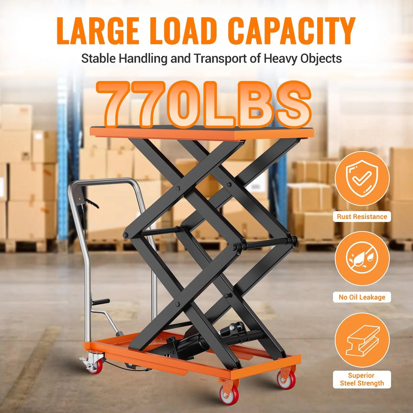 2026 Nuevo carrito de mesa elevador hidráulico de doble tijera capacidad 770 lb altura de elevación 14–59 pulgadas con superficie antideslizante para manejo de materiales color naranja