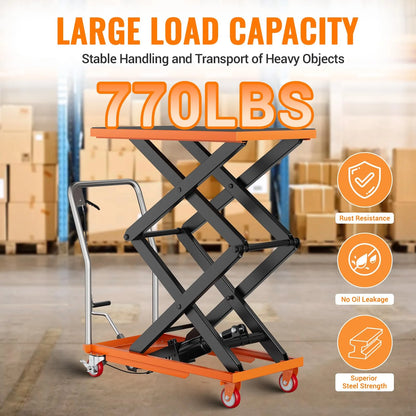 2026 Nuevo carrito de mesa elevador hidráulico de doble tijera capacidad 770 lb altura de elevación 14–59 pulgadas con superficie antideslizante para manejo de materiales color naranja
