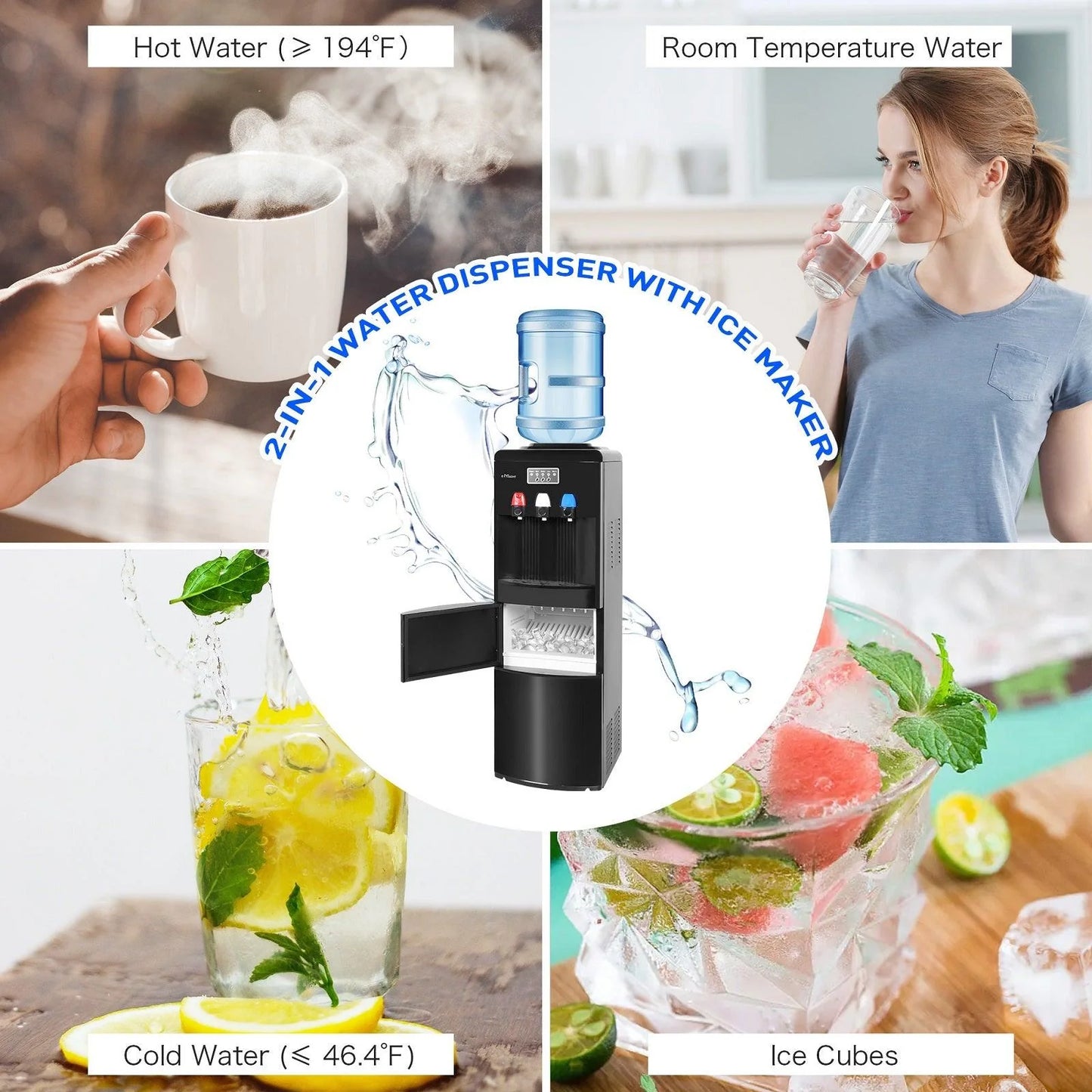 2026 Dispensador de agua 2 en 1 con fábrica de hielo – Para botellas de 3 a 5 galones – Seguridad infantil – Negro