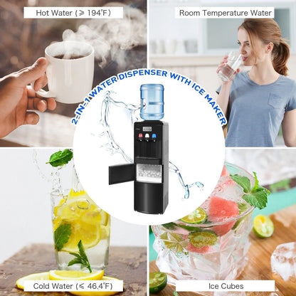2026 Dispensador de agua 2 en 1 con fábrica de hielo – Para botellas de 3 a 5 galones – Seguridad infantil – Negro
