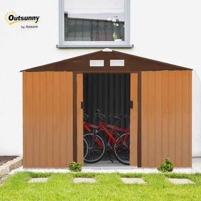 2026 Outsunny Caseta de Jardín Exterior 4,9 m² 277x195x192 cm Cobertizo de Jardín Exterior con Puerta Corredera Techo Inclinado Base Refuerzo (Suelo NO Incluido) y 4 Ventanas Amarillo
