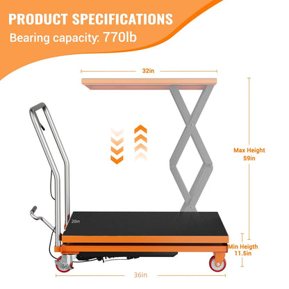 2026 Nuevo carrito de mesa elevador hidráulico de doble tijera capacidad 770 lb altura de elevación 14–59 pulgadas con superficie antideslizante para manejo de materiales color naranja