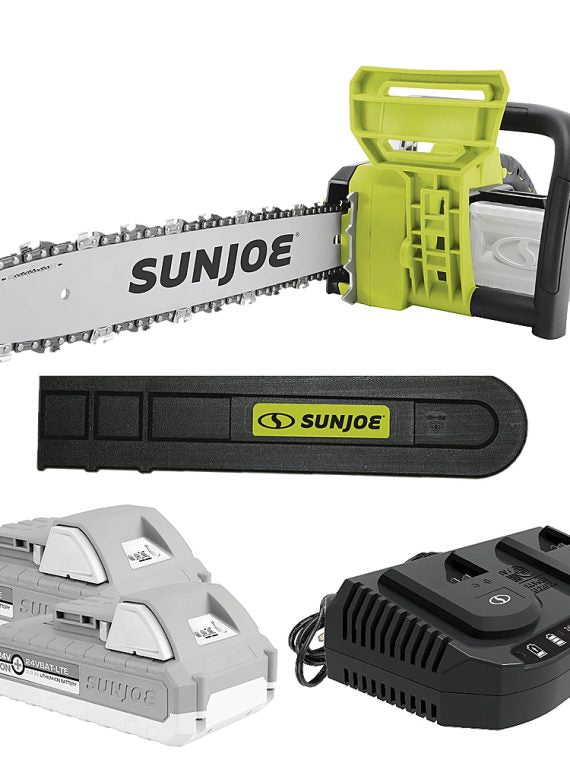 2026 Nuevo Sun Joe 48-Volt iON+ motosierra inalámbrica de 16 pulgadas con funda (2 baterías de 2Ah y 1 cargador) verde