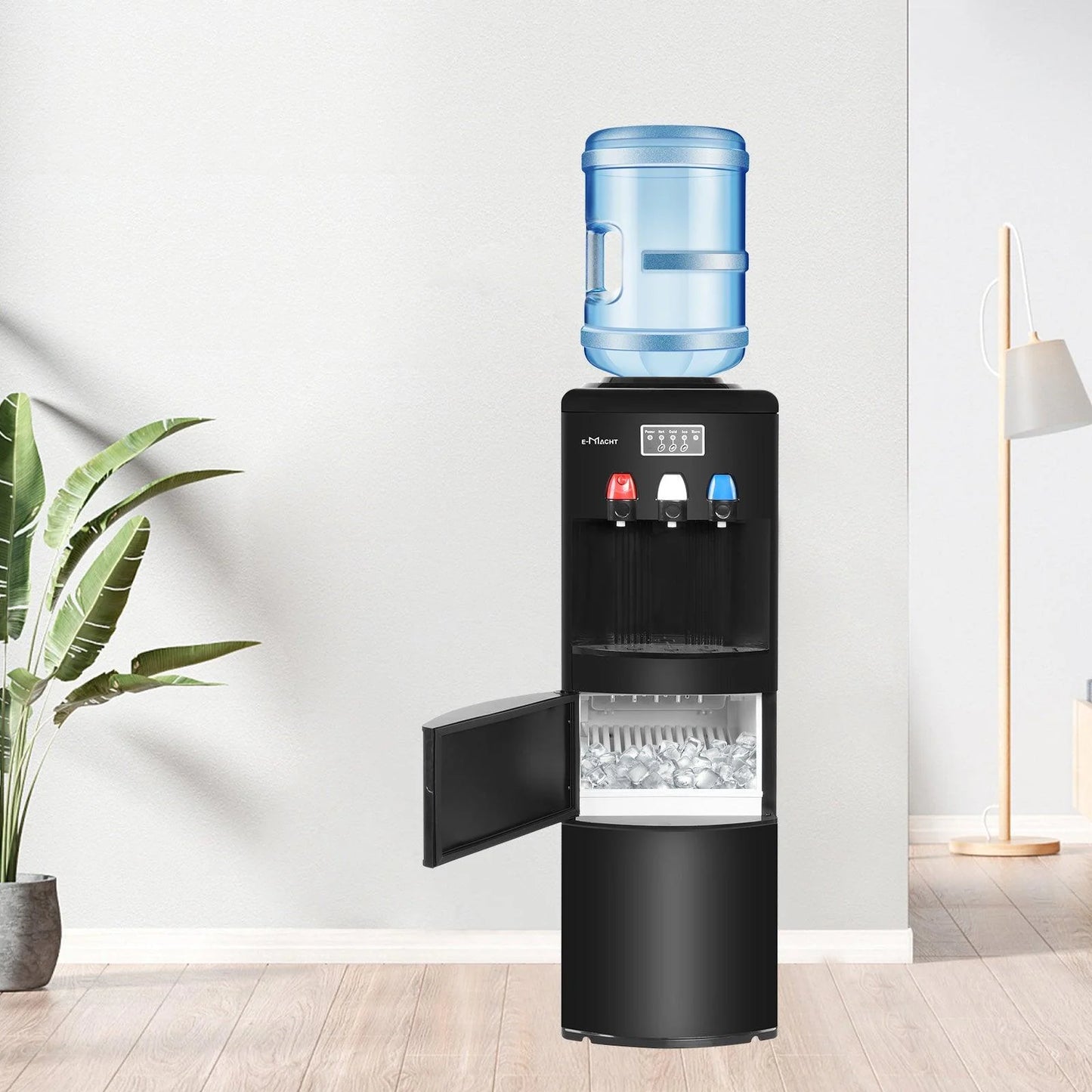 2026 Dispensador de agua 2 en 1 con fábrica de hielo – Para botellas de 3 a 5 galones – Seguridad infantil – Negro