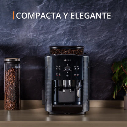 2026 Krups Essential - Cafetera súper automática, 15 Bares de presión, Molinillo cónico de Metal, con selección de cantidad e Intensidad de café, 1.7 l, 1 Cups, Acero, Pantalla LCD + Acc. Leche