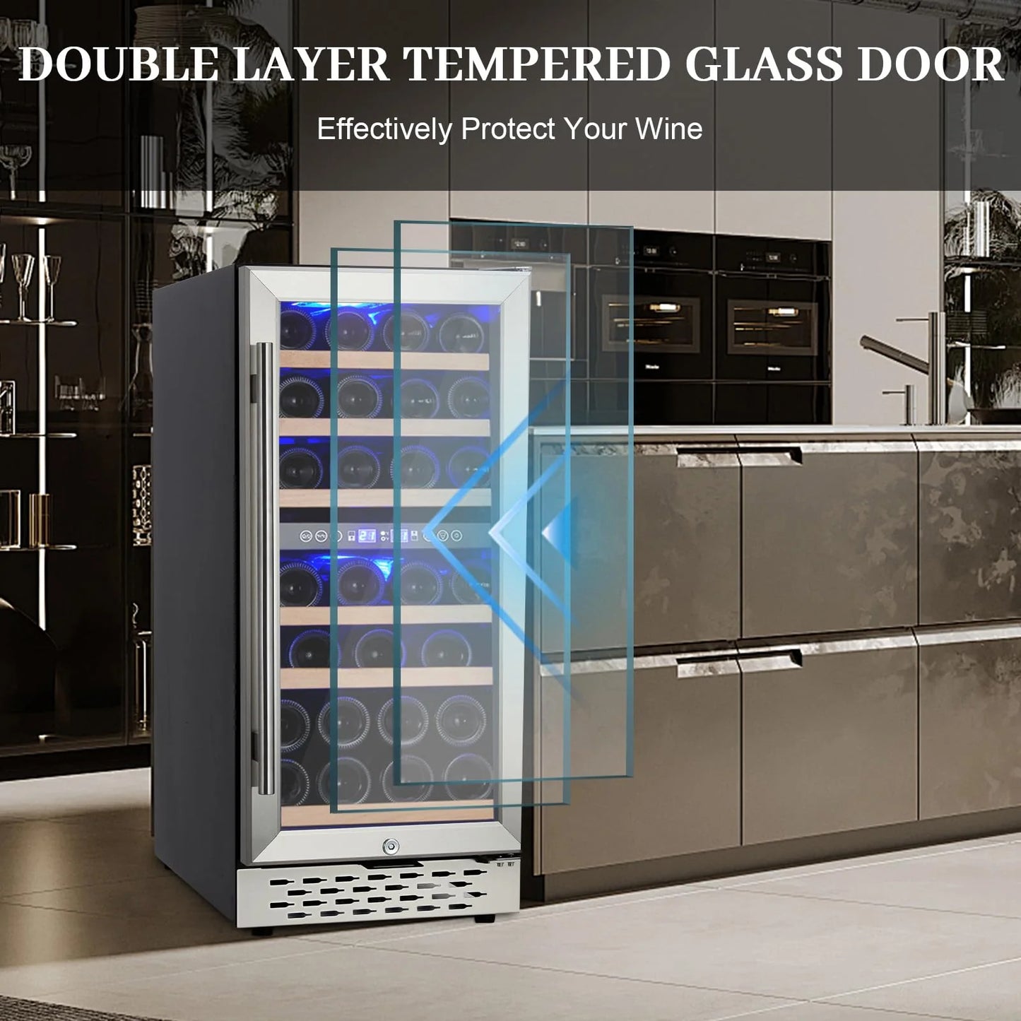 2026 Nuevo refrigerador enfriador de vino capacidad 28 botellas sistema de doble zona con puerta de vidrio control digital de temperatura para vino tinto blanco y espumoso instalación independiente o empotrada