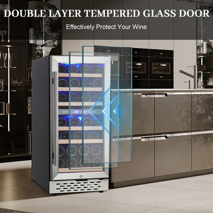 2026 Nuevo refrigerador enfriador de vino capacidad 28 botellas sistema de doble zona con puerta de vidrio control digital de temperatura para vino tinto blanco y espumoso instalación independiente o empotrada