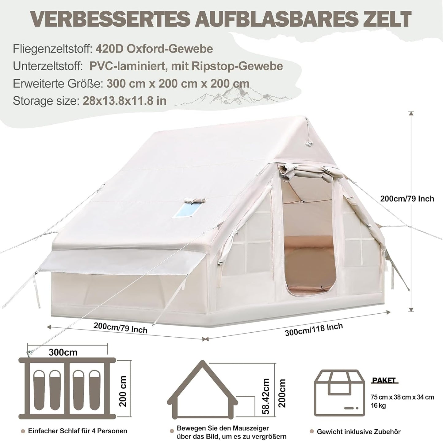 2026 Tienda de campaña Inflable con Apertura de Chimenea y claraboya, Tienda de campaña para Exteriores para 4-8 Personas con Bomba de Aire, Tienda de campaña Inflable de Tela Oxford Impermeable para 4