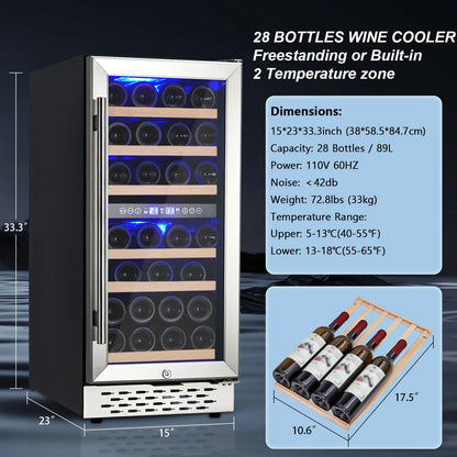 2026 Nuevo refrigerador enfriador de vino capacidad 28 botellas sistema de doble zona con puerta de vidrio control digital de temperatura para vino tinto blanco y espumoso instalación independiente o empotrada