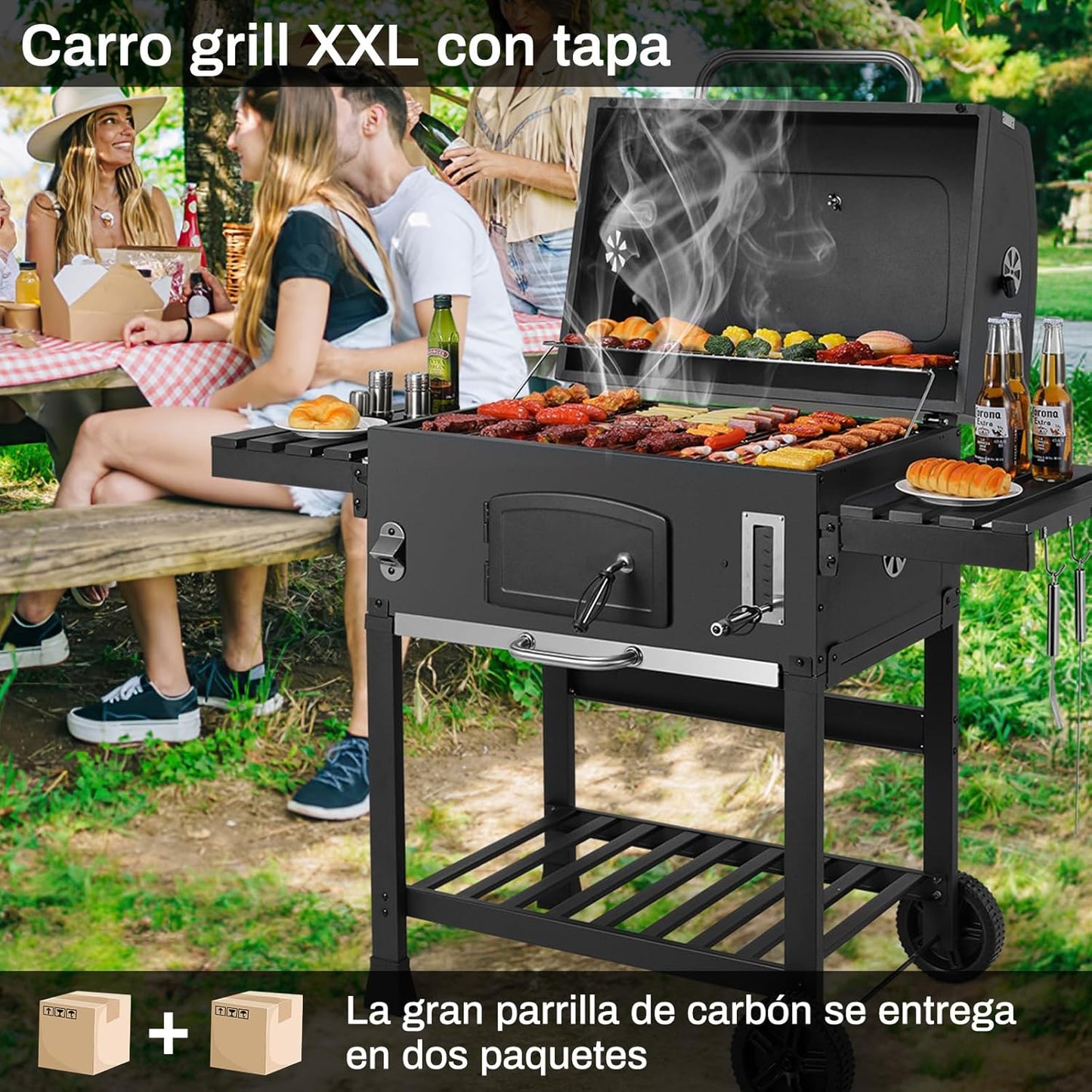 2026 Barbacoa de Carbon XXL, Parrilla de Carbón con Chimenea y Tapa, Parrilla con Carrito BBQ Smoker con Ruedas y Termómetro, Grande BBQ Carbon para Camping y Jardín