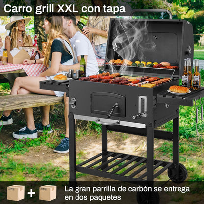2026 Barbacoa de Carbon XXL, Parrilla de Carbón con Chimenea y Tapa, Parrilla con Carrito BBQ Smoker con Ruedas y Termómetro, Grande BBQ Carbon para Camping y Jardín