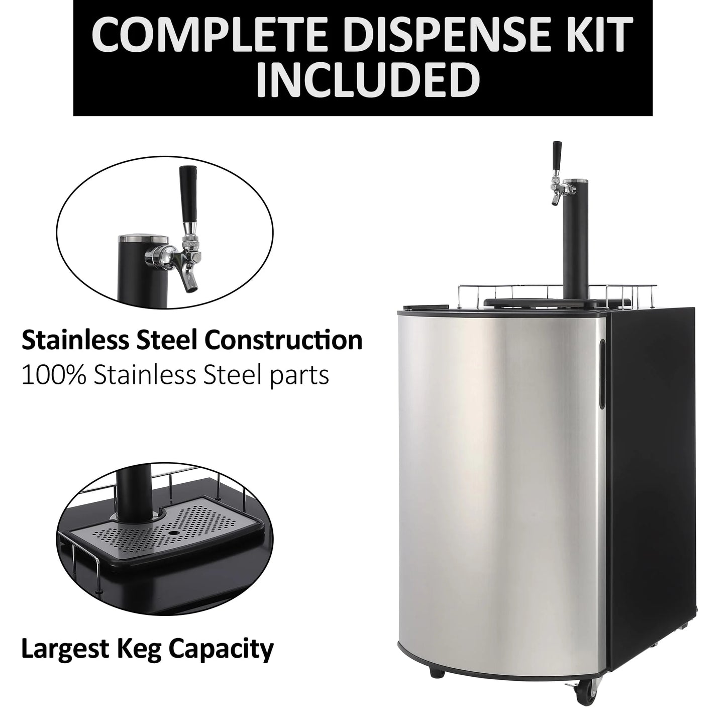 2026 Nuevo dispensador de cerveza de barril con un solo grifo refrigerador para barriles tamaño completo con estantes acero inoxidable bandeja de goteo y barandilla color plateado