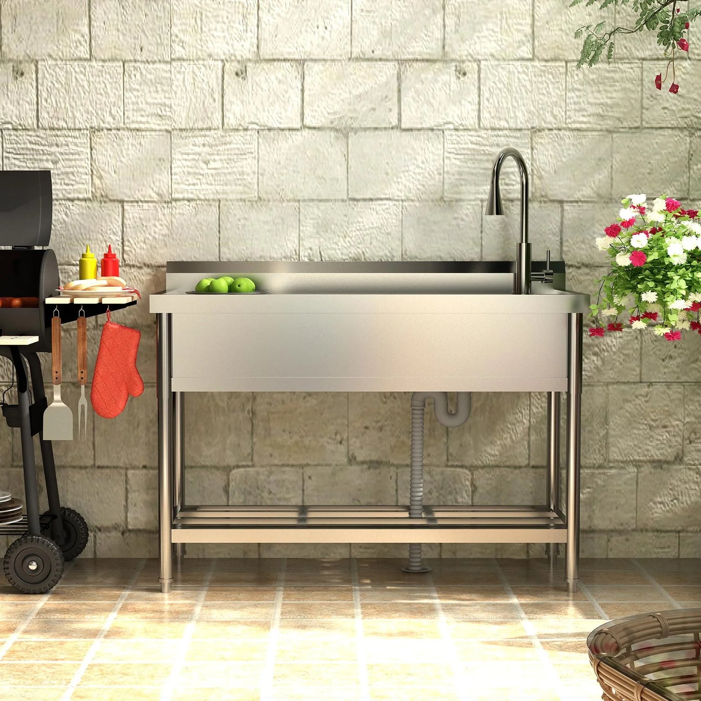 2026 Nuevo fregadero utilitario de acero inoxidable 47”ancho x 20”fondo x 37”alto independiente de un seno con grifo de agua fría y caliente para cocina lavandería restaurante garaje o jardín