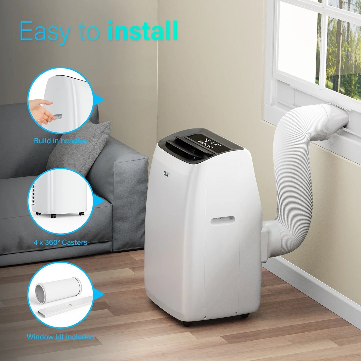 2026 Aire acondicionado portátil DuraComfort – Aire acondicionado, calefacción, deshumidificador y ventilador – 14,000 BTU (ASHRAE) / 10,400 BTU (SACC) – Hasta 450 pies² – Blanco