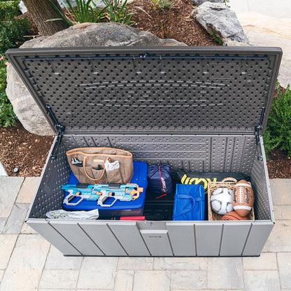 2026 Nuevo Lifetime 60384U caja de almacenamiento exterior 568 litros acabado gris