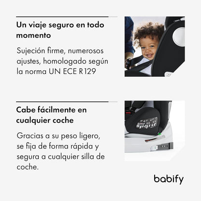 2026 Babify Onboard Silla de Coche Isofix para Bebés y Niños, 0 Meses - 12 Años, Apta Desde 40-150 cm, Ajustable 360º, Asiento Portátil y Seguro i-Size ECE R129 - Black edition