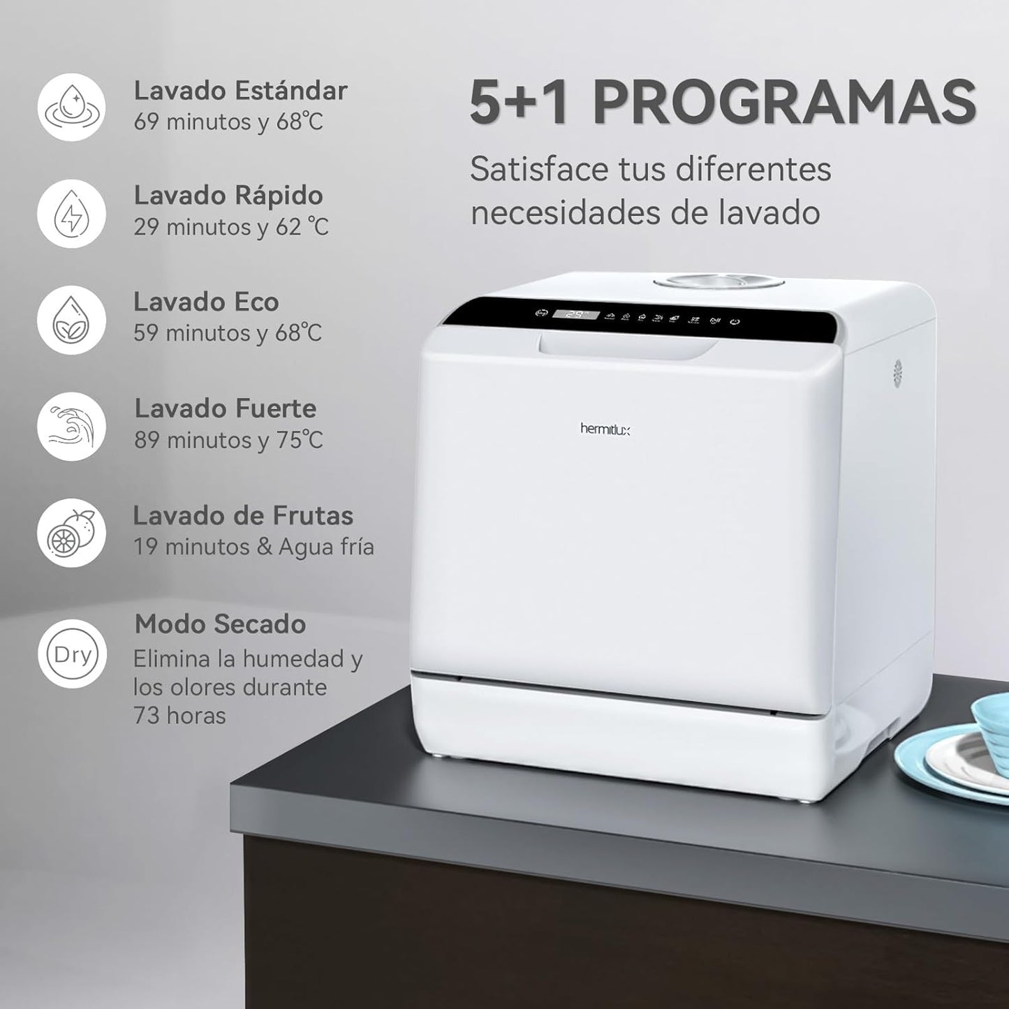 2026 Mini lavavajillas compacto, para usar con o sin grifo, 43 cm de ancho, para 4 juegos, apto para camping, portatil, 175 kWh/año, Libre instalación, blanco