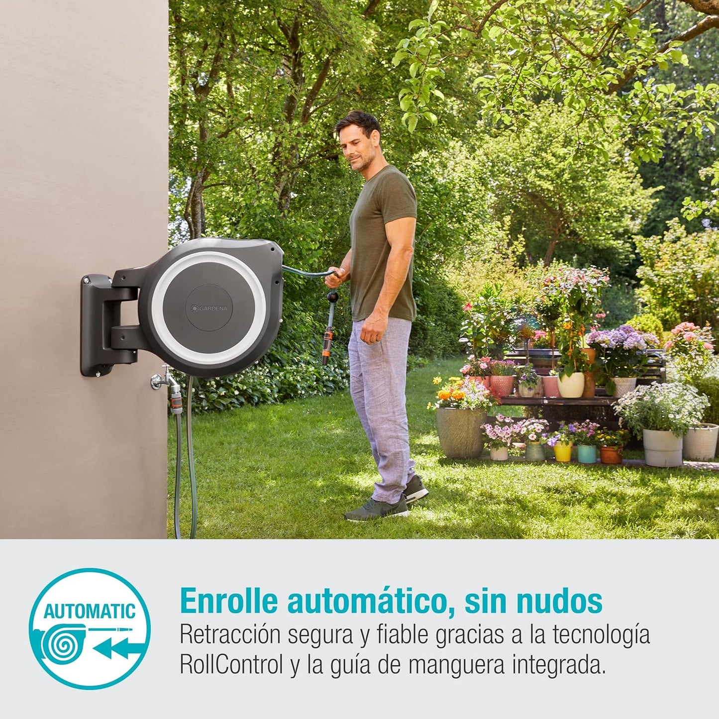 2026 Gardena Rollup L-Caja de Manguera de Pared (30 m), Color, Turquesa, Negro, Gris, Naranja, Blanco, 18627-20