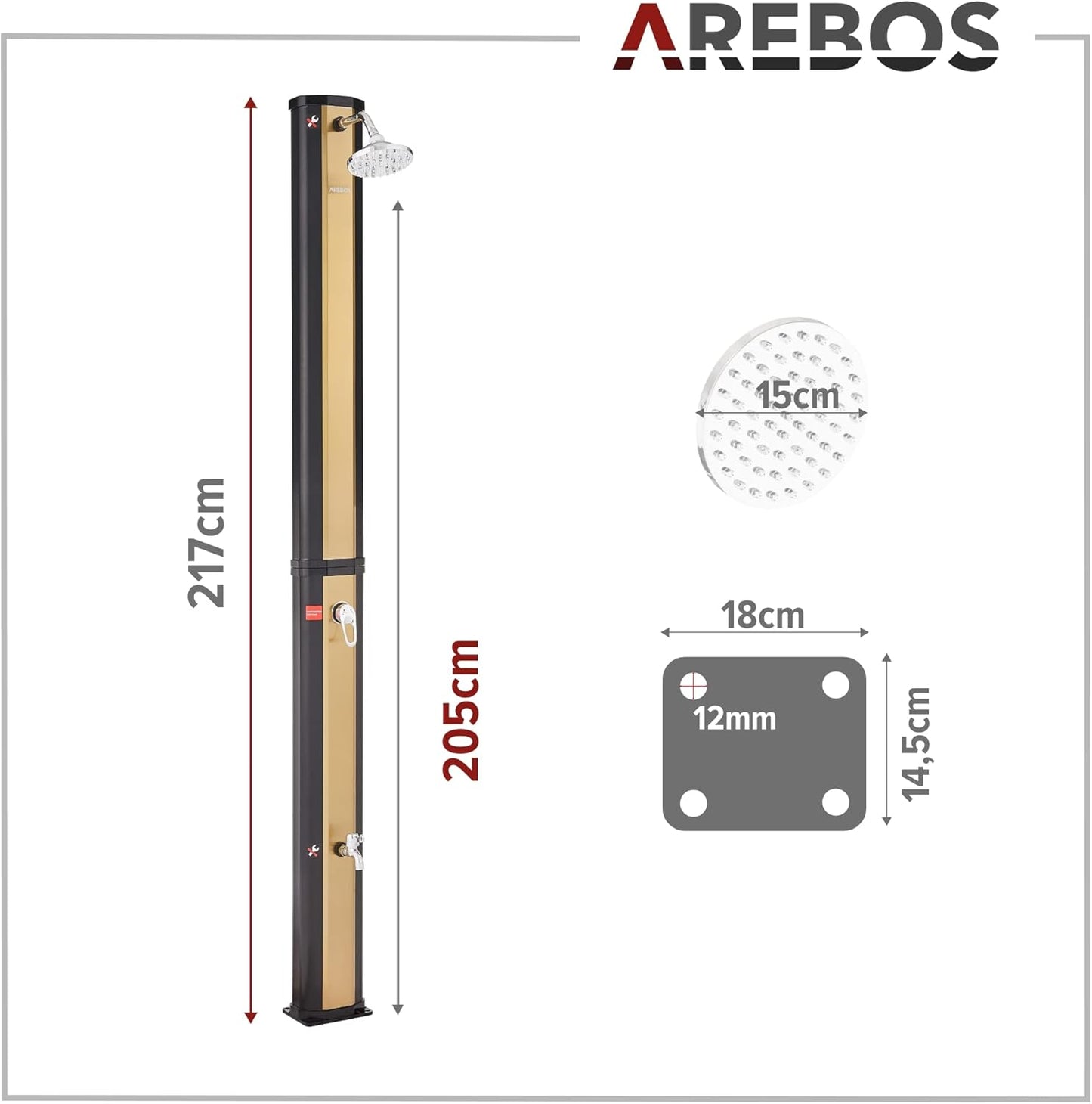 2026 Arebos Ducha Solar | 35 litros | 216cm | con termómetro Integrado | Incl.Portada | Cabezal de Ducha Redondo | con Ducha de pies | Ducha de jardín con conexión para Manguera de jardín | Negro