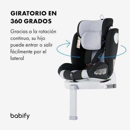 2026 Babify Onboard Silla de Coche Isofix para Bebés y Niños, 0 Meses - 12 Años, Apta Desde 40-150 cm, Ajustable 360º, Asiento Portátil y Seguro i-Size ECE R129 - Black edition