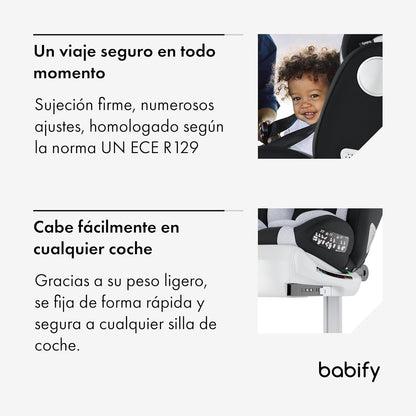 2026 Babify Onboard Silla de Coche Isofix para Bebés y Niños, 0 Meses - 12 Años, Apta Desde 40-150 cm, Ajustable 360º, Asiento Portátil y Seguro i-Size ECE R129 - Black edition