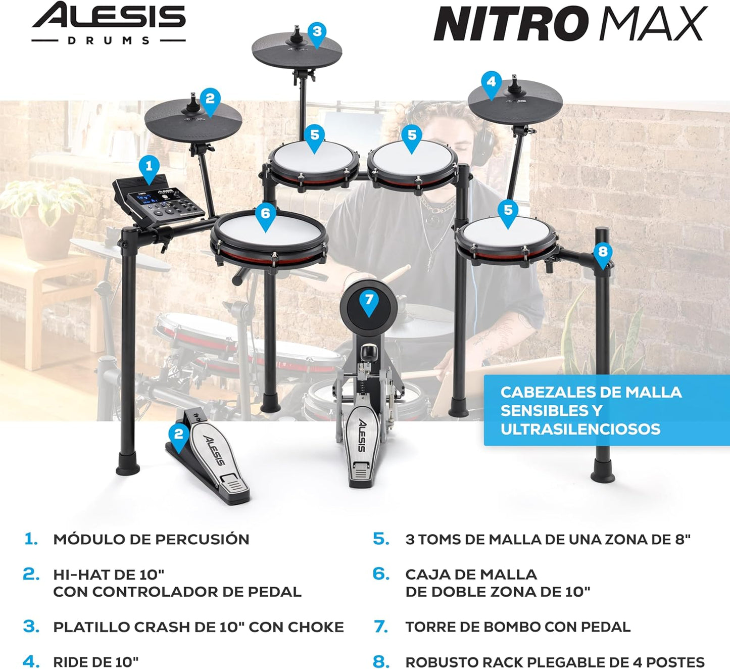 2026 Alesis Nitro Max Kit Batería Electrónica con Parches Silenciosos de Malla, Caja de Doble Zona de 10", Bluetooth, 440+ Sonidos Auténticos, Lecciones Drumeo, USB MIDI, Pedal de Bombo