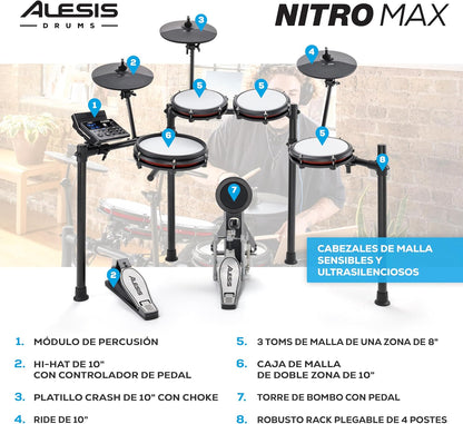 2026 Alesis Nitro Max Kit Batería Electrónica con Parches Silenciosos de Malla, Caja de Doble Zona de 10", Bluetooth, 440+ Sonidos Auténticos, Lecciones Drumeo, USB MIDI, Pedal de Bombo