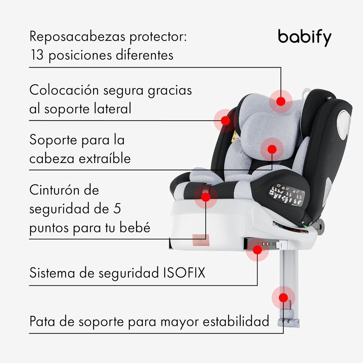 2026 Babify Onboard Silla de Coche Isofix para Bebés y Niños, 0 Meses - 12 Años, Apta Desde 40-150 cm, Ajustable 360º, Asiento Portátil y Seguro i-Size ECE R129 - Black edition