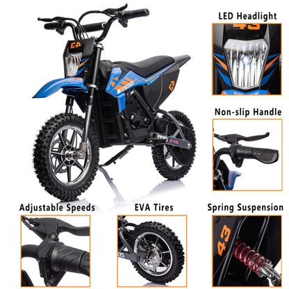 2026 Nuevo moto eléctrica de cross para niños 36V 350W 15.5 mph LED capacidad máxima 175 lb color azul