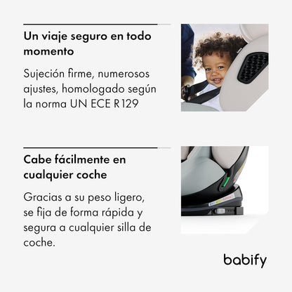 2026 Babify Onboard Silla de Coche Isofix para Bebés y Niños, 0 Meses - 12 Años, Apta Desde 40-150 cm, Ajustable 360º, Asiento Portátil y Seguro i-Size ECE R129 - Black edition