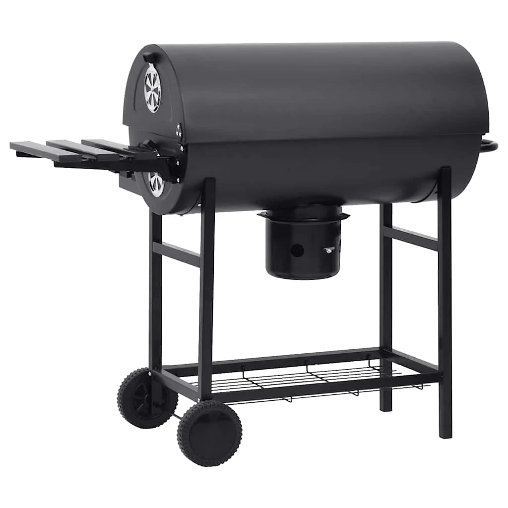 2026 Parrilla de barril ruedas y estantes acero negro 115x85x95 cm