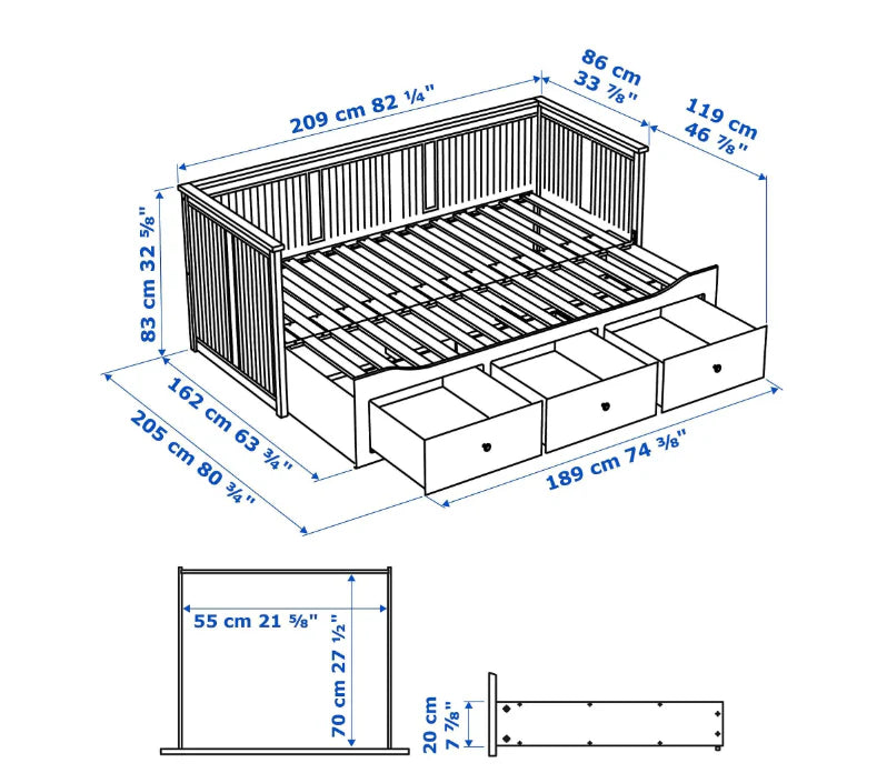 2026 HEMNES Cama tipo diván con 3 espacios de almacenamiento, Blanco, 80x200 cm