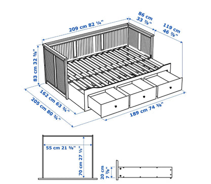 2026 HEMNES Cama tipo diván con 3 espacios de almacenamiento, Blanco, 80x200 cm