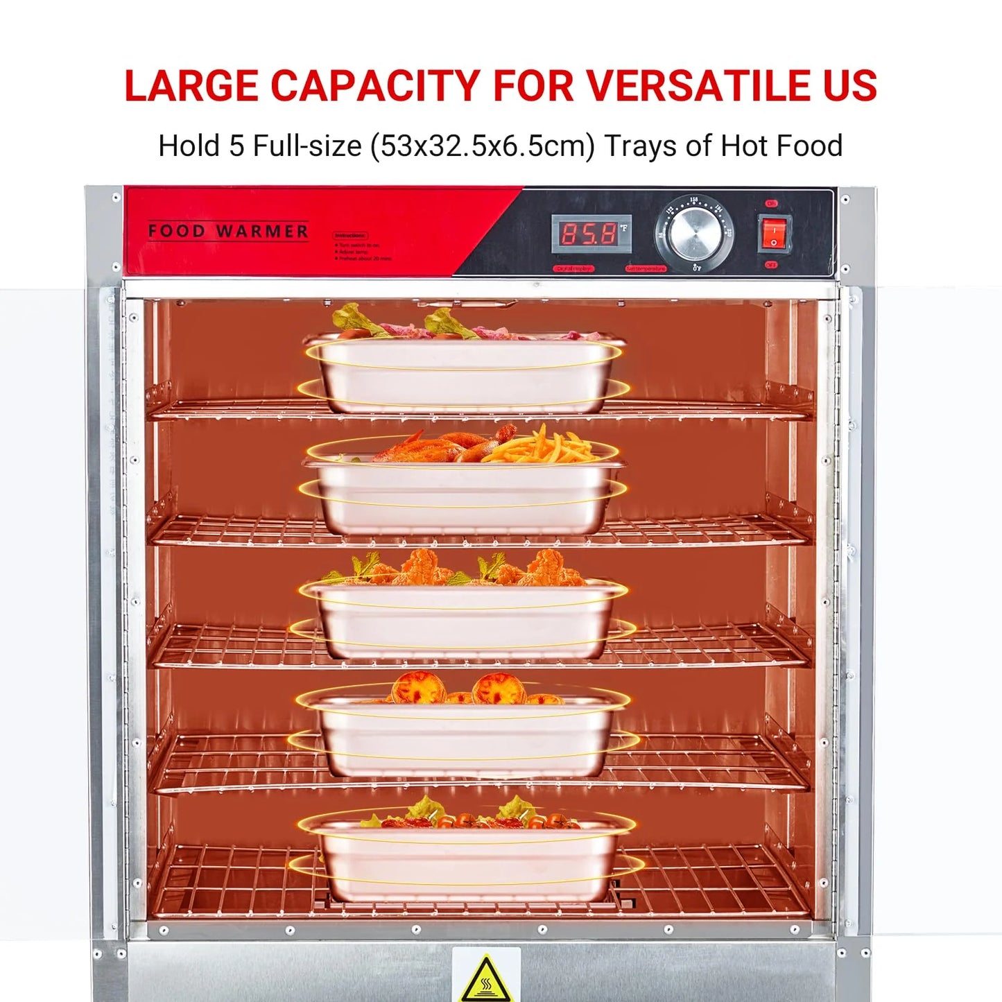 2026 Nuevo gabinete calentador de alimentos tipo hot box multifuncional de acero inoxidable con aislamiento térmico potencia 850W bandeja de agua puertas dobles transparentes diseño de 5 niveles