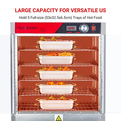 2026 Nuevo gabinete calentador de alimentos tipo hot box multifuncional de acero inoxidable con aislamiento térmico potencia 850W bandeja de agua puertas dobles transparentes diseño de 5 niveles