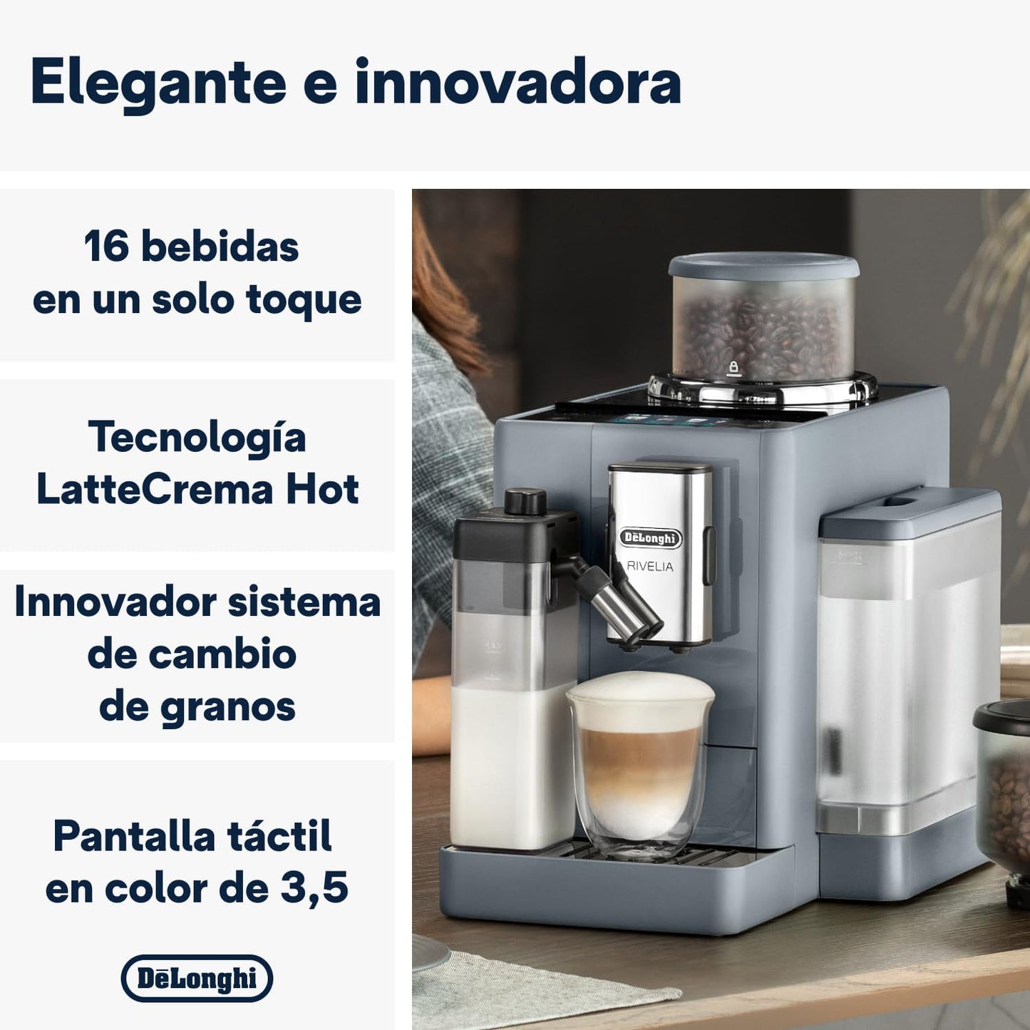 2026 De'Longhi Rivelia EXAM440.55.G, Cafetera Superautomática con LatteCrema Hot, Espumador de Leche Automático, Tamaño Compacto, 16 Recetas, Pantalla Táctil a Color, Gris