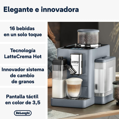 2026 De'Longhi Rivelia EXAM440.55.G, Cafetera Superautomática con LatteCrema Hot, Espumador de Leche Automático, Tamaño Compacto, 16 Recetas, Pantalla Táctil a Color, Gris