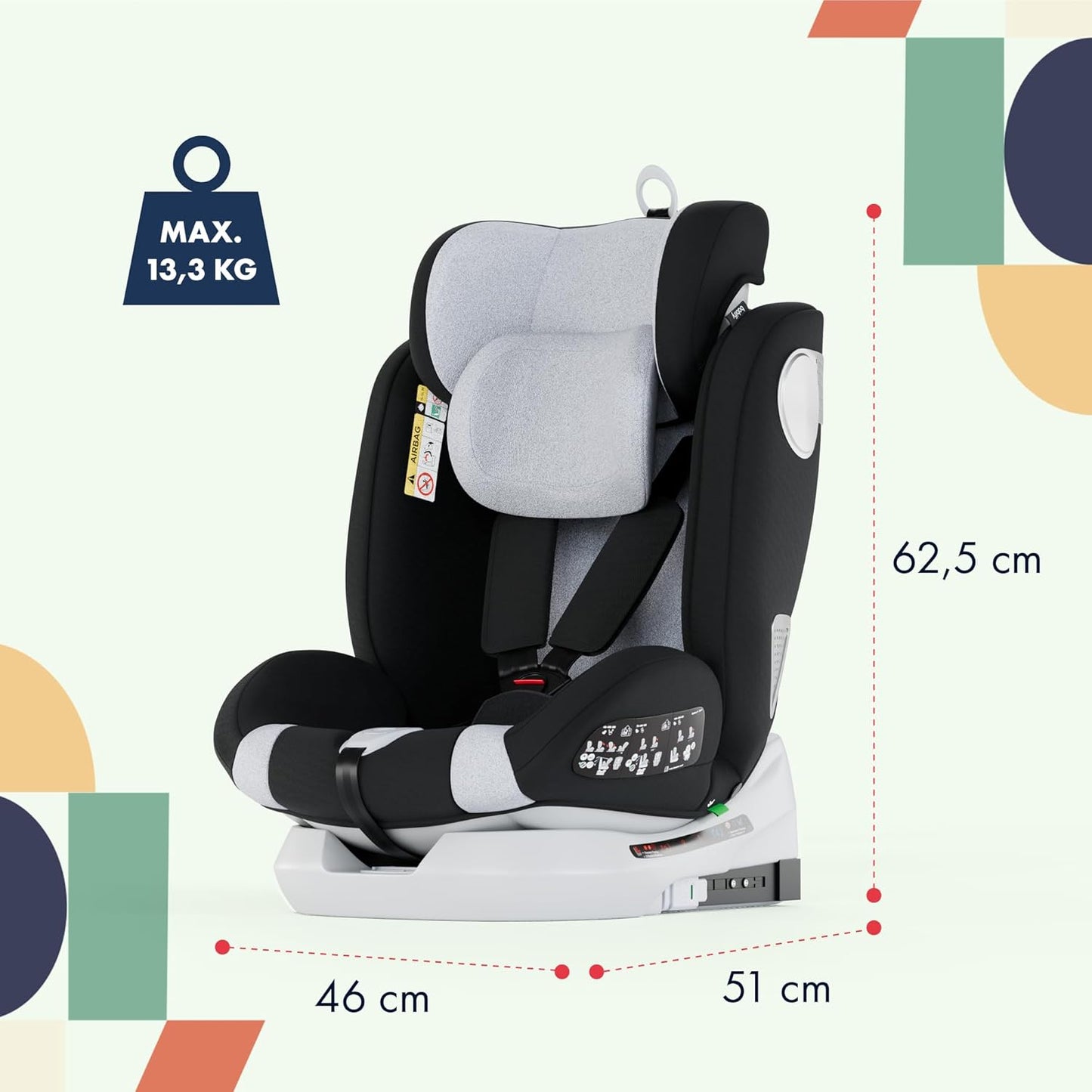 2026 Babify Onboard Silla de Coche Isofix para Bebés y Niños, 0 Meses - 12 Años, Apta Desde 40-150 cm, Ajustable 360º, Asiento Portátil y Seguro i-Size ECE R129 - Black edition