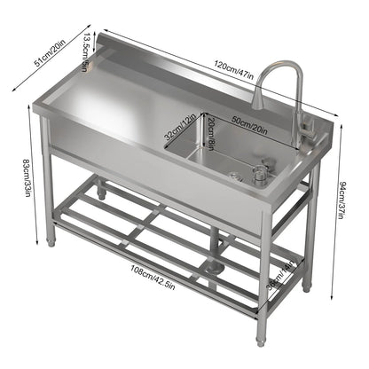2026 Nuevo fregadero utilitario de acero inoxidable 47”ancho x 20”fondo x 37”alto independiente de un seno con grifo de agua fría y caliente para cocina lavandería restaurante garaje o jardín
